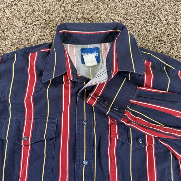 Vintage Men's Wrangler Pearl Snap Western Shirt Large L Striped Blue Red - Picture 6 of 11